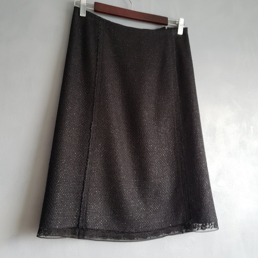 PRADA BLACK TWEED METALLIC, LACE, VINTAGE RAW-CUT MINI SKIRT IT 42, EUC